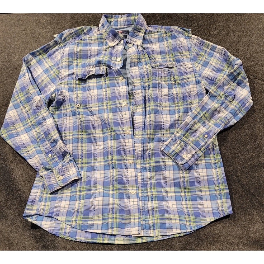 Vineyard Vines Harbor Shirt Mens M Performance Fishing Plaid Blue Green Vented